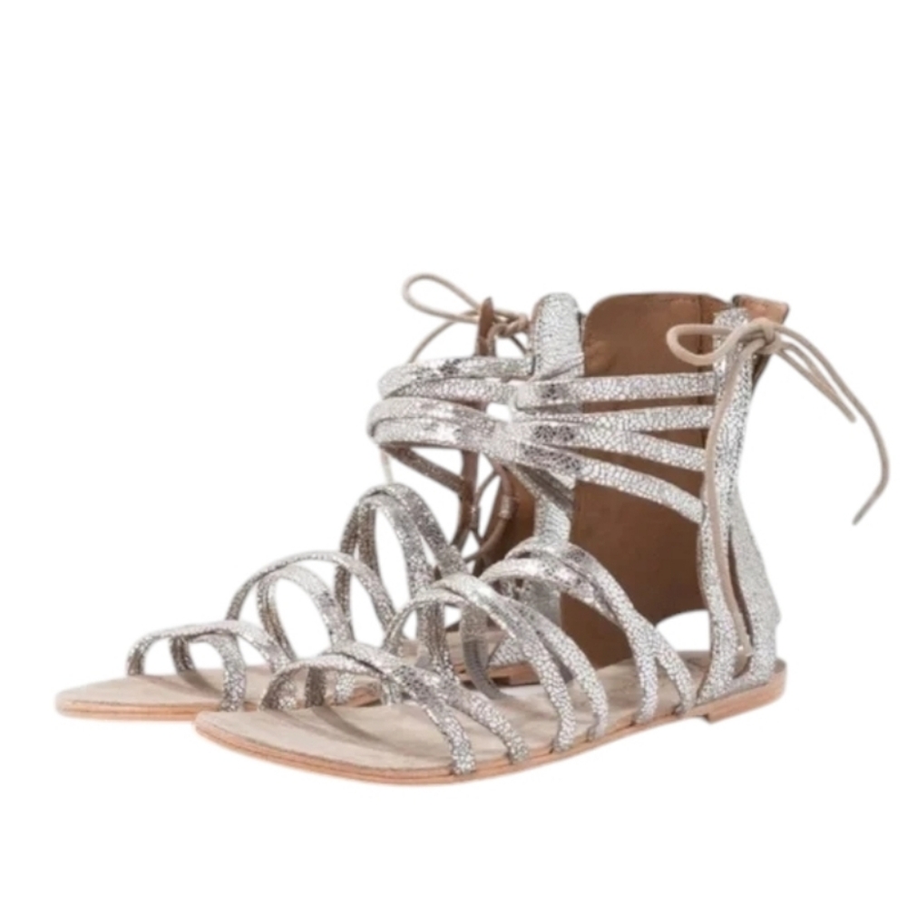 Free People Juliette Gladiator Silver Metallic Leather Boho Sandal Size 9